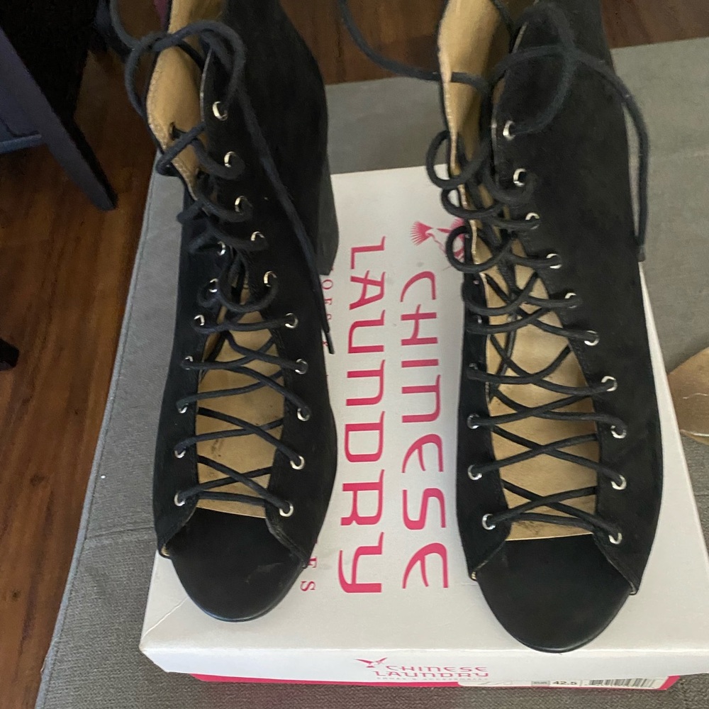 Black suede lace up block heels